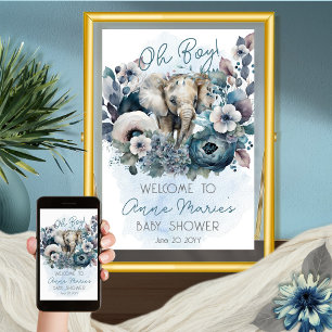Affiche Elephant Oh garçon Baby shower Floral bleu