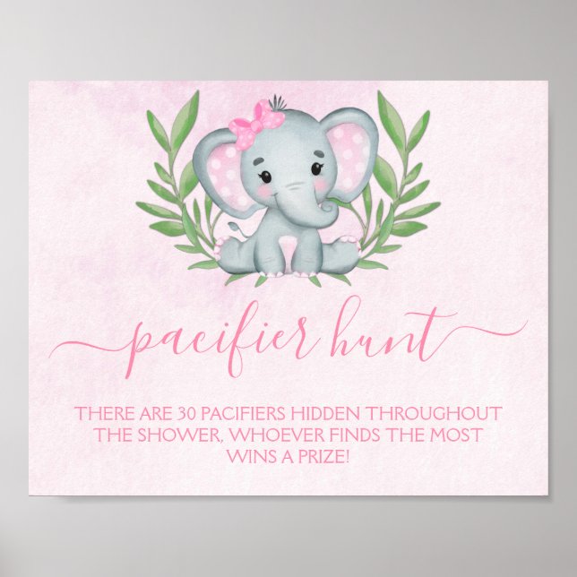 Affiche Elephant Pacifier chasse fille Baby shower jeu (Devant)