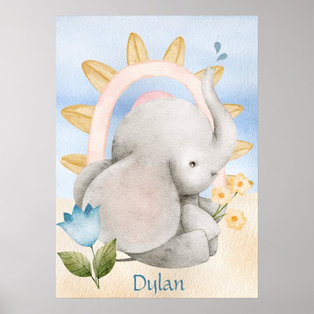 Affiche Eléphant Personnalisé, Bébé Animaux, Boho, Arc-en- (Devant)