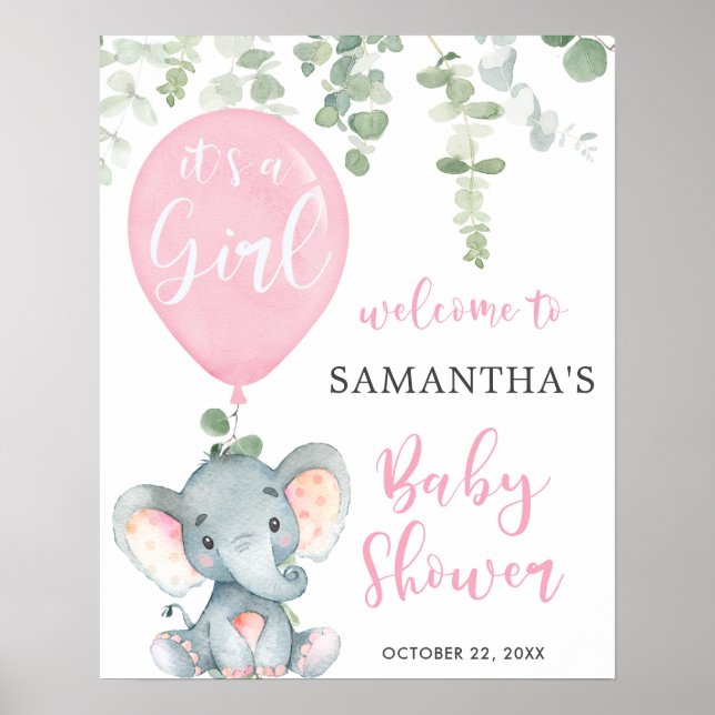 Affiche Elephant pink balloon girl baby shower welcome (Devant)