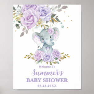 Affiche Elephant Purple Lilac Baby shower Floral Bienvenue