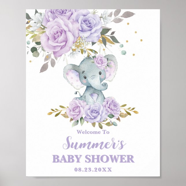 Affiche Elephant Purple Lilac Baby shower Floral Bienvenue (Devant)