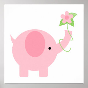 Affiche Éléphant Rose Adorable avec des Fleurs