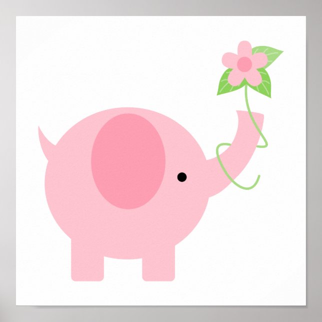 Affiche Éléphant Rose Adorable avec des Fleurs (Devant)