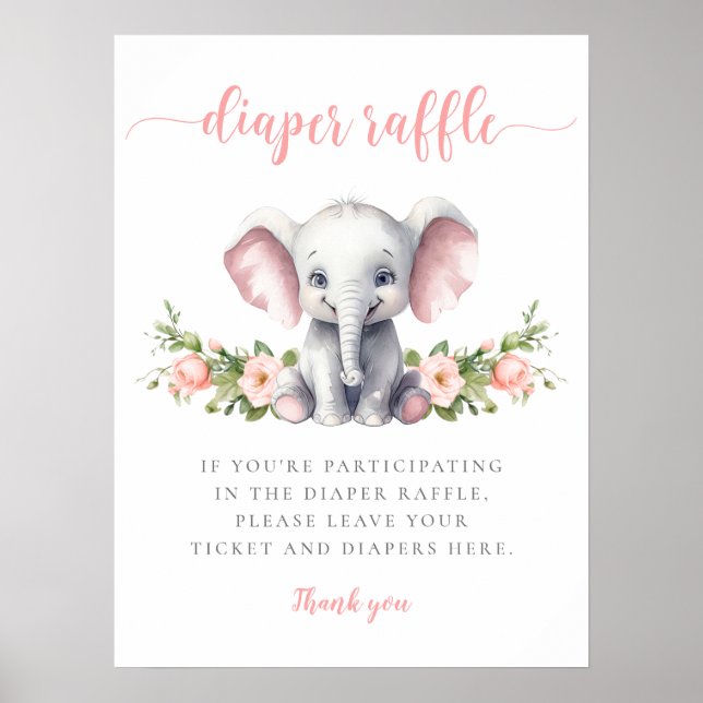 Affiche Eléphant rose Bébé Fille Douche Déchets Raffle (Devant)