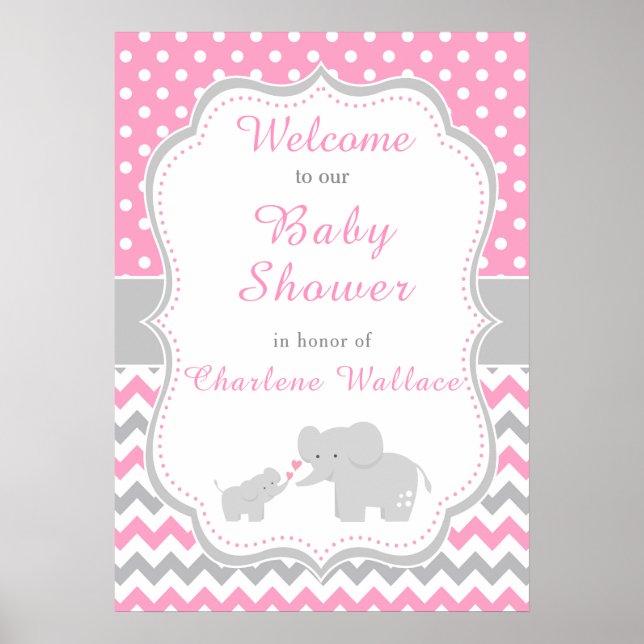 Affiche Eléphant rose et gris Baby shower (Devant)