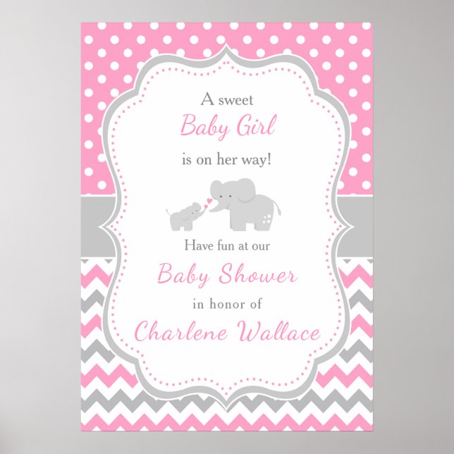 Affiche Eléphant rose et gris Baby shower (Devant)