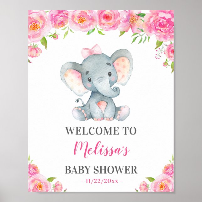 Affiche Elephant rose fille Baby shower saupoudrer bienven (Devant)