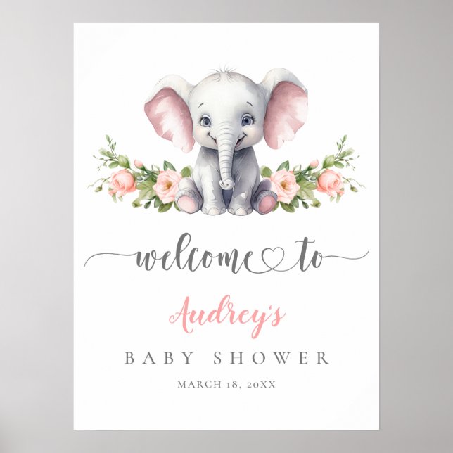 Affiche Elephant rose Floral Baby Girl Douche Bienvenue (Devant)