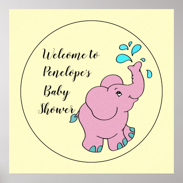 Affiche Eléphant rose mignon avec votre nom Baby shower (Devant)