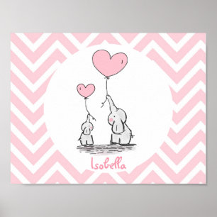 Affiche Éléphant Rose Pastel Personnalisé Bébé Fille