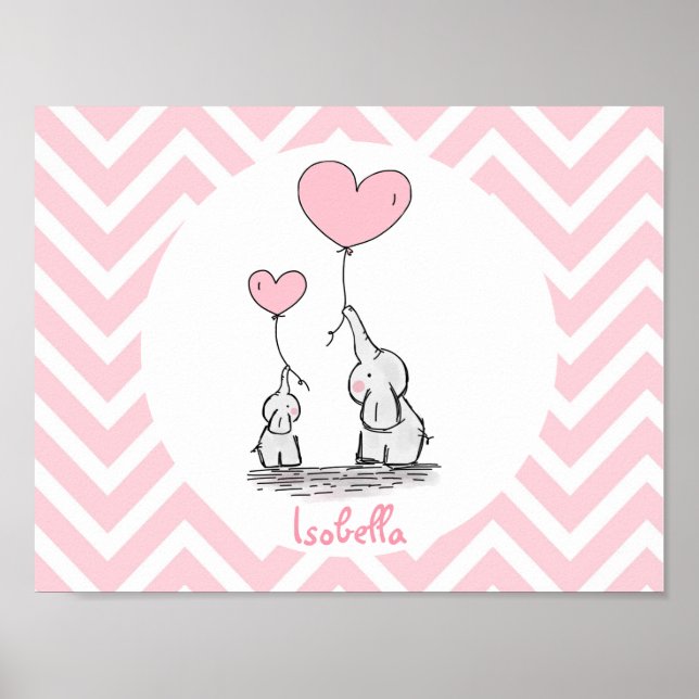 Affiche Éléphant Rose Pastel Personnalisé Bébé Fille (Devant)