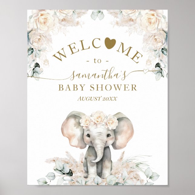 Affiche Eléphant Roses Blanches Boho Pampas Baby Girl Douc (Devant)