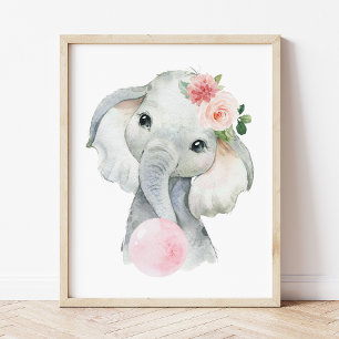 Affiche Éléphant, Safari, Bubble Gum Rose, Chambre de Fill