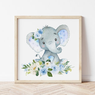 Affiche Éléphant, Safari, Fleurs Bleues, Garçon Chambre de