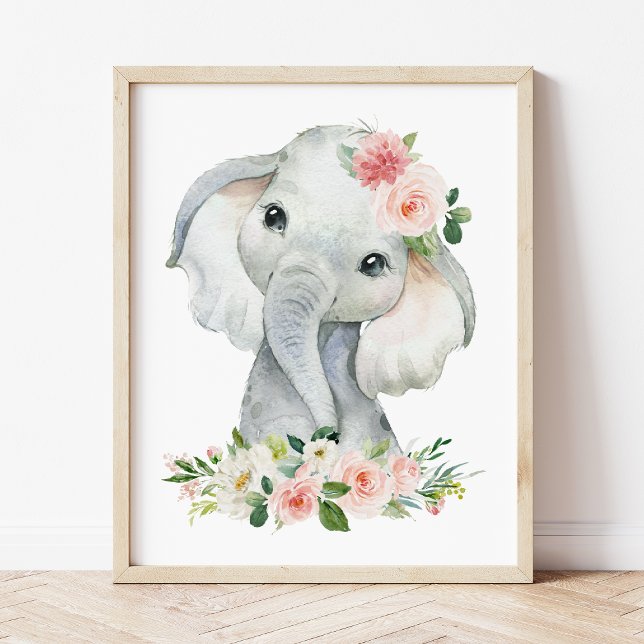 Affiche Elephant, Safari, Fleurs roses, Pépinière (Créateur téléchargé)