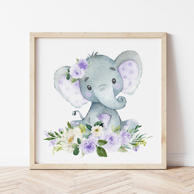 Affiche Elephant, Safari, Fleurs violettes, Neutre Genre (Créateur téléchargé)