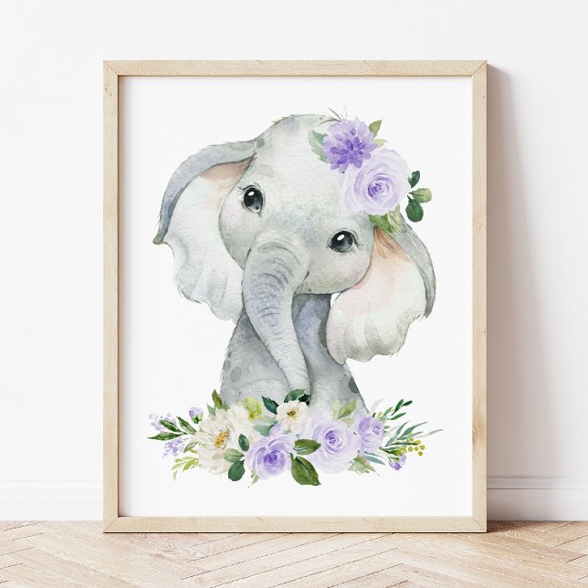 Affiche Elephant, Safari, Fleurs violettes, Neutre Genre (Créateur téléchargé)