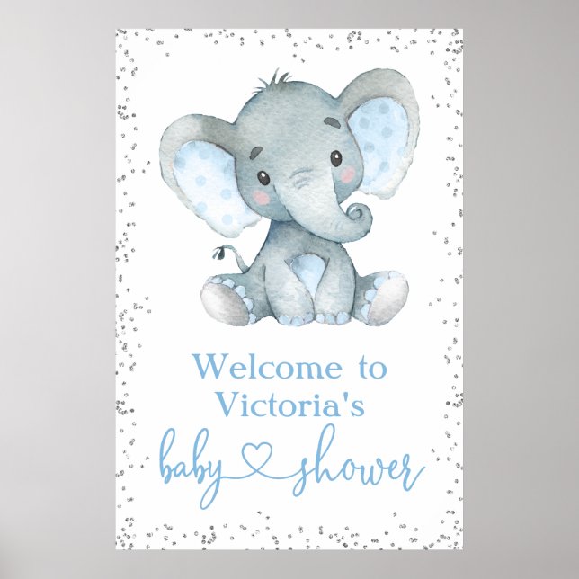 Affiche Elephant Silver Glitter Baby Shower Welcome Sign (Devant)