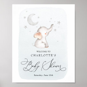Affiche Elephant Stars Lune Dusty Blue Boy Baby shower