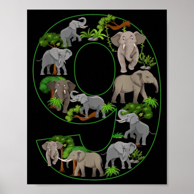 Affiche Éléphant Thème Anniversaire 9 Ans Enfants 9 Ans (Devant)