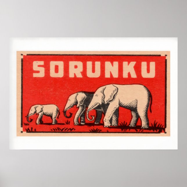 Affiche Elephant Three Elephants Vintage Matchbox Label (Devant)