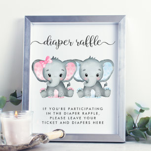 Affiche Eléphant Twin Girl Baby shower de couches Raffle