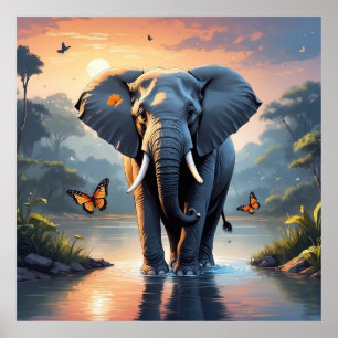 Affiche Eléphant unique au coucher du soleil avec papillon