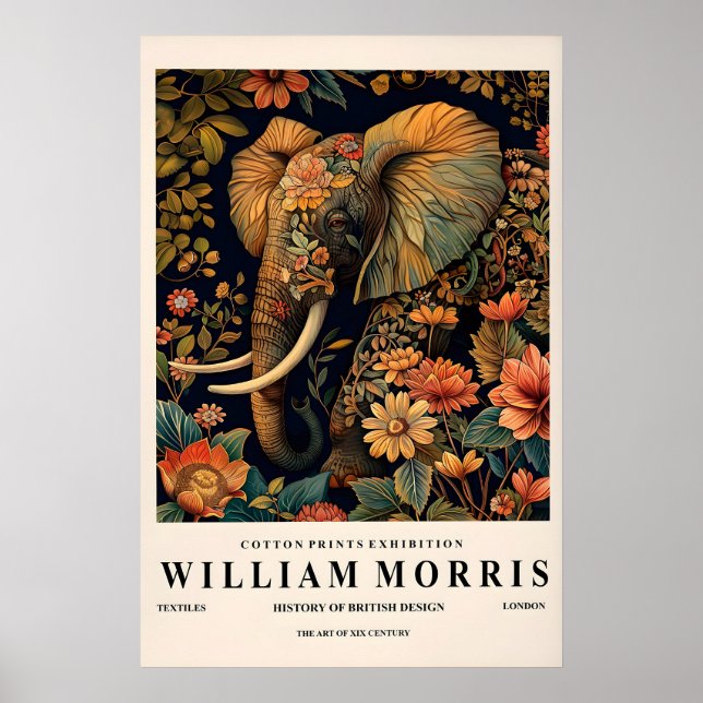 Affiche Elephant wall art, William Morris print, Dark (Devant)