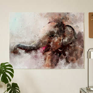Affiche Éléphante Asiatique Bébé Mignonne et Enjouée Aquar