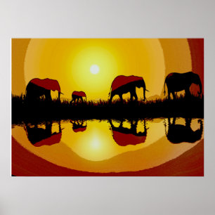 Affiche Eléphants africains couchés de soleil