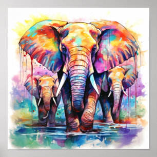 Affiche Eléphants colorés Aquarelle Peinture