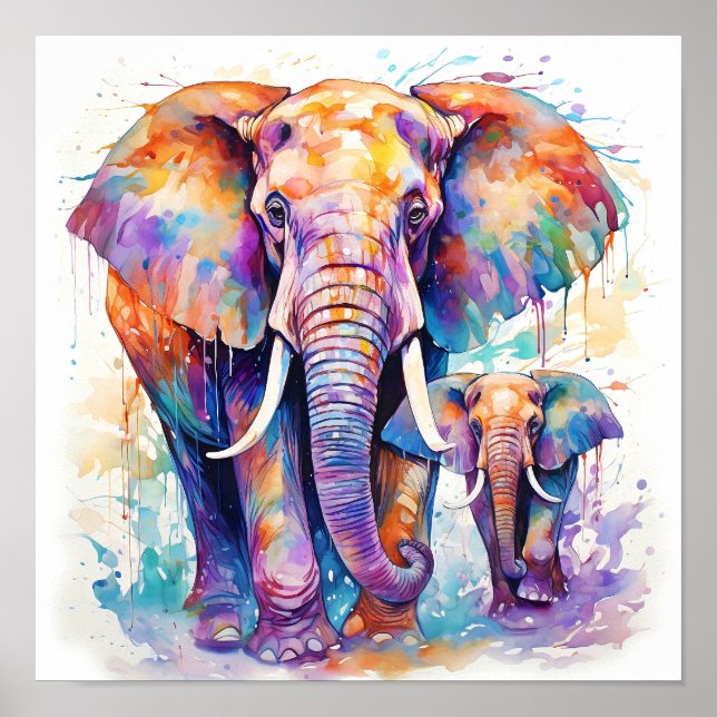Affiche Eléphants colorés Aquarelle Peinture (Devant)