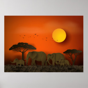 Affiche Eléphants de la savane africaine couché de soleil
