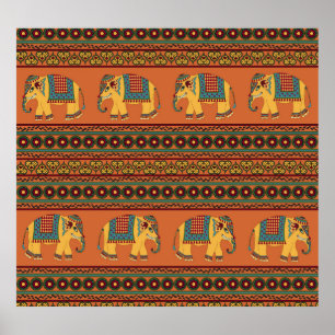 Affiche Eléphants Indiens, Orange Traditionnel Sans Seamle