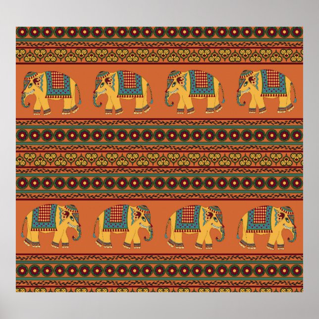 Affiche Eléphants Indiens, Orange Traditionnel Sans Seamle (Devant)