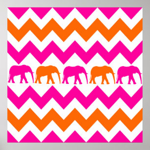 Affiche Eléphants roses chauds et orange Chevron Stripes
