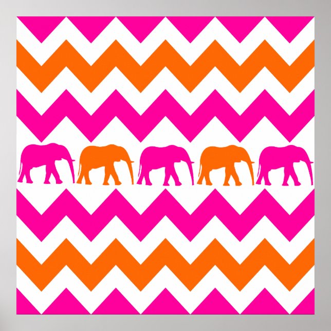 Affiche Eléphants roses chauds et orange Chevron Stripes (Devant)