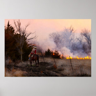 Affiche Éleveur de bétail du Kansas regardant un brûlage d