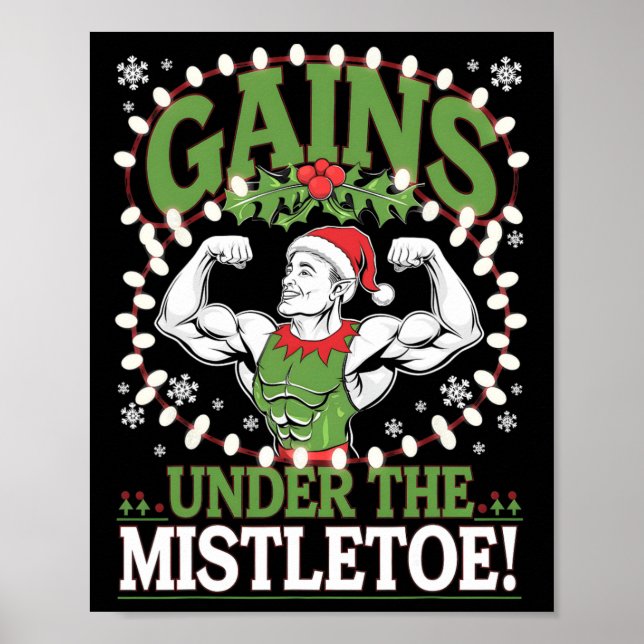 Affiche Elf de Noël drôle Gains de sport sous le gui (Devant)