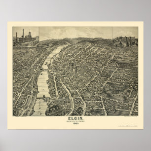 Affiche Elgin, carte panoramique de l'IL - 1880