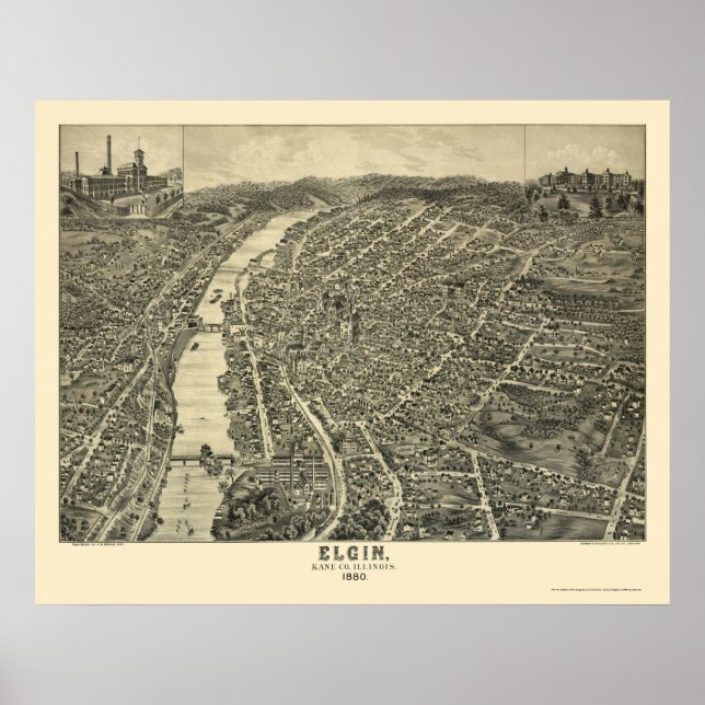 Affiche Elgin, IL Carte panoramique - 1880 (Devant)