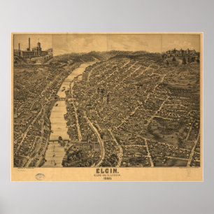 Affiche Elgin Illinois 1880 Carte panoramique antique