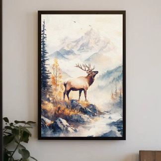 Affiche Elk dans le paysage de la forêt de montagne Nature