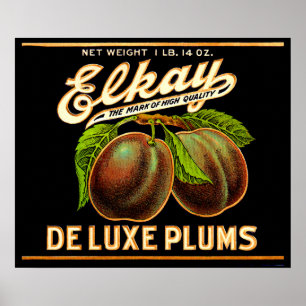 Affiche Elkay Deluxe Plums étiquette des années 1930