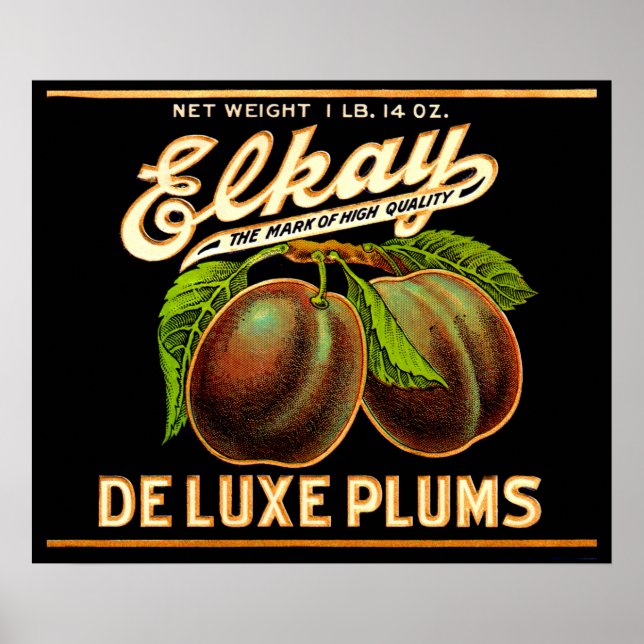 Affiche Elkay Deluxe Plums étiquette des années 1930 (Devant)