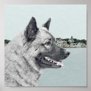 Affiche Elkhound norvégien à la peinture de village - Chie