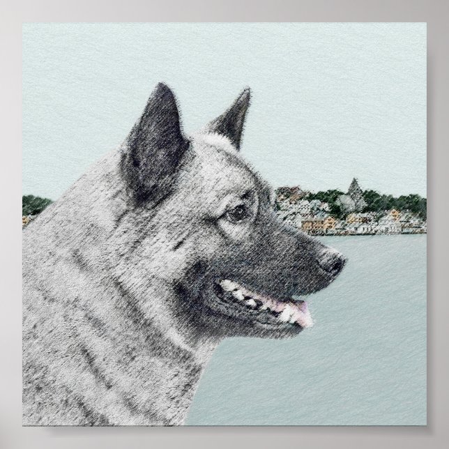 Affiche Elkhound norvégien à la peinture de village - Chie (Devant)