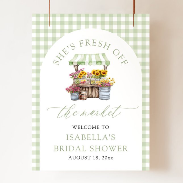 Affiche Elle est fraîche hors de la Fête des mariées du ma (Green She's Fresh Off the Market Bridal Shower Welcome Sign)