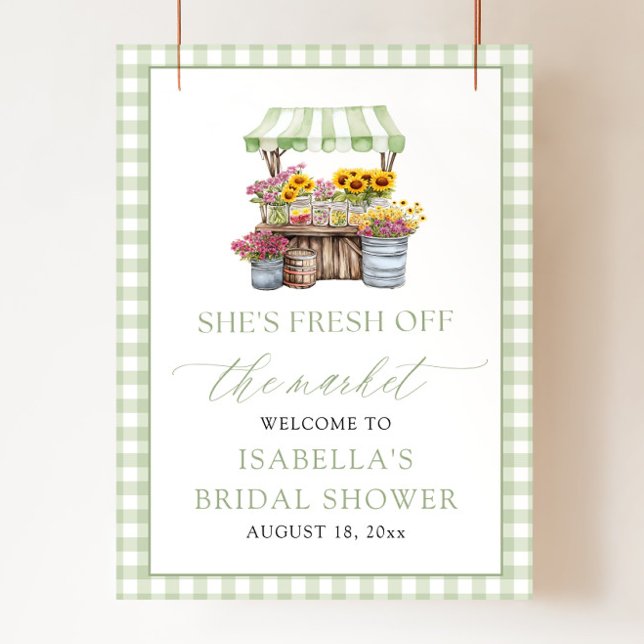 Affiche Elle est fraîche sortie du marché Bienvenue à la B (She's Fresh Off the Market Bridal Shower Welcome Poster)